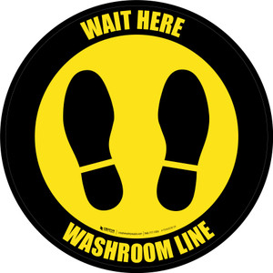 Yellow/Black Wait Here - Washroom Line Circular - Floor Sign