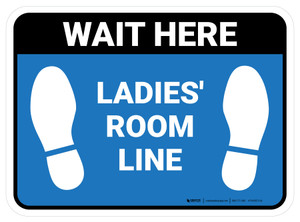 Wait Here: Ladies Room Line Blue Rectangle - Floor Sign