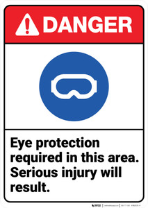 Danger: Eye Protection Required In Area Serious Injury ANSI - Wall Sign