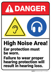 Danger: High Noise Area Wear Hearing Protection ANSI - Wall Sign