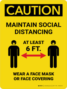 Caution: Social Distancing Wear Face Mask Portrait - Wall Sign
