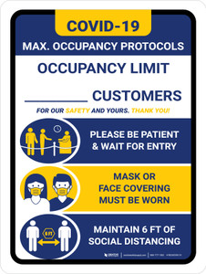 Covid-19 Max. Occupancy Limit Blue Portrait - Wall Sign