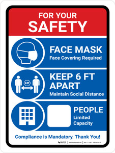 For Your Safety Face Mask & Social Distance Portrait - Wall Sign