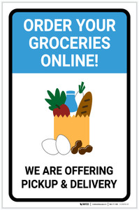 Order Groceries Online We Are Offering Pickup and Delivery with Icon Portrait - Label