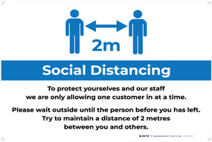 Social Distancing 2m One Customer At A Time with Icon Blue v2 Landscape - Label