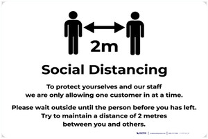 Social Distancing 2m One Customer At A Time with Icon v2 Landscape - Label
