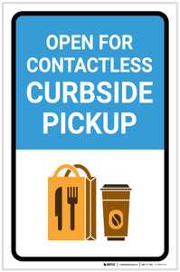 Open For Contactless Curbside Pickup with Icon Portrait - Label
