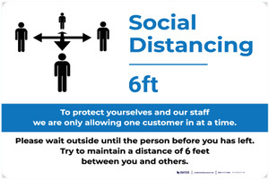 Social Distancing 6ft One Customer At A Time with Icon Blue v2 Landscape - Label