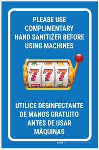 Please Use Complimentary Hand Sanitizer Before Using Machines Bilingual Spanish Portrait with Emoji - Label