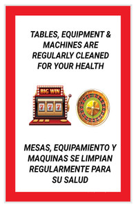 Tables, Equipment, & Machines are Regularly Cleaned For your Health Bilingual Spanish Portrait with Emoji - Label
