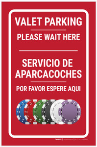 Casino Valet Parking - Please Wait Here Bilingual Spanish Portrait with Emoji - Label
