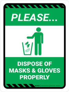 Please Dispose of Masks & Gloves Properly Green with Icon Portrait - Wall Sign