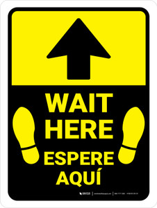 Wait Here with Arrow and Feet Icons Bilingual Spanish Portrait - Wall Sign