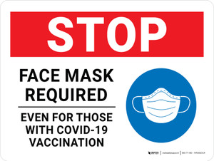 Stop: Face Mask Required Even For Those With Covid-19 Vaccination with Icon Landscape - Wall Sign
