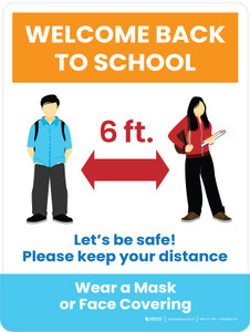 Welcome Back To School: Let's Be Safe! Please Keep Distance/Wear a Mask Blue Portrait - Wall Sign