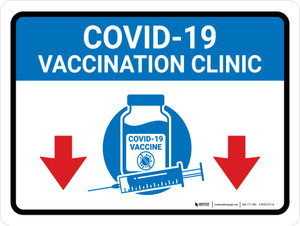 Covid-19 Vaccination Clinicdown Arrow Blue Landscape - Wall Sign
