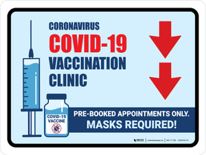 Covid-19 Vaccine Clinic: Pre-Booked Appointments Only Masks Required Down Arrow Landscape - Wall Sign