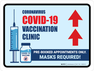 Covid-19 Vaccine Clinic: Pre-Booked Appointments Only Masks Required Up Arrow Landscape - Wall Sign