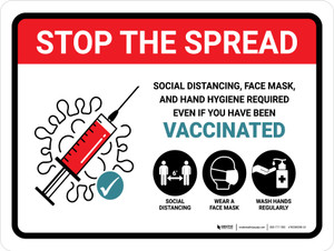 Stop The Spread: Social Distancing and Hand Hygiene Even If You Have Been Vaccinated Landscape - Wall Sign