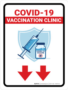 Covid-19 Vaccination Clinic Down Arrow Red Portrait - Wall Sign