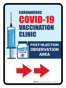 Covid-19 Vaccine Clinic: Post Injection Observation Area Right Arrow Portrait - Wall Sign