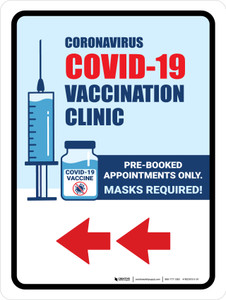 Covid-19 Vaccine Clinic: Pre Booked Appointments Only - Masks Required Left Arrow Portrait - Wall Sign