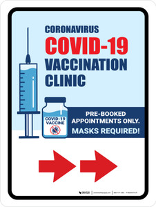 Covid-19 Vaccine Clinic: Pre Booked Appointments Only - Masks Required Right Arrow Portrait - Wall Sign