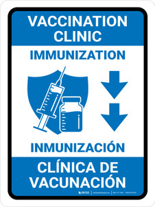 Vaccination Clinic Immunizationdown Arrow Bilingual Spanish Blue Portrait - Wall Sign