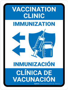 Vaccination Clinic Immunization Left Arrow Bilingual Spanish Blue Portrait - Wall Sign