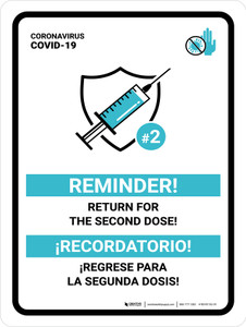 Reminder - Return For The Second Dose Bilingual Spanish Portrait - Wall Sign
