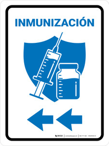 Immunization With Vaccine Injection Icon Left Arrow Spanish Blue Portrait - Wall Sign
