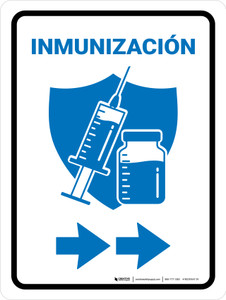 Immunization With Vaccine Injection Icon Right Arrow Spanish Blue Portrait - Wall Sign