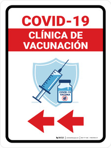 Covid-19 Vaccination Clinic Left Arrow Red Spanish Portrait - Wall Sign
