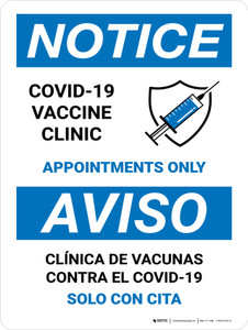 Notice: Covid-19 Vaccine Clinic By Appointment Only Bilingual Spanish Portrait - Wall Sign