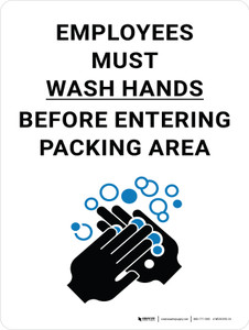 Employees Must Wash Hands Before Entering Packing Area with Icon Portrait - Wall Sign