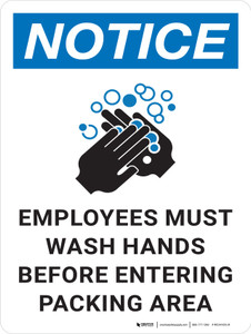 Notice: Employees Must Wash Hands Before Entering Packing Area with Icon Portrait - Wall Sign