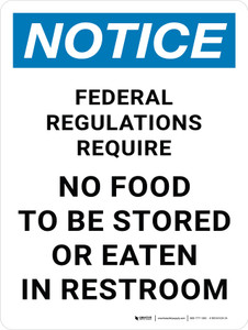 Notice: Federal Regulations - No Food To Be Stored or Eaten in Restroom Portrait - Wall Sign