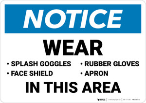 Notice: Wear Goggles Face Shield Gloves Apron in This Area - Wall Sign