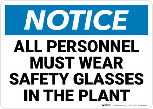 Notice: All Personnel Must Wear Safety Glasses - Wall Sign