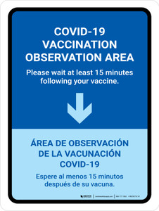 Covid-19 Vaccination Observation Area: Down Arrow Bilingual Spanish Portrait - Wall Sign