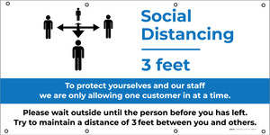 Social Distancing - 3ft One Customer At A Time with Icon Blue - Banner