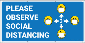 Please Observe Social Distancing 3ft with Facemask Emojis Blue - Banner
