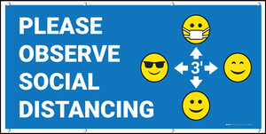 Please Observe Social Distancing 3ft with Multiple Emojis Blue - Banner