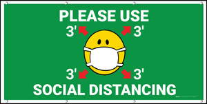 Please Use 3ft Social Distancing with Facemask Emoji Green - Banner
