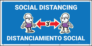 Social Distancing 3ft Bilingual Blue with Cartoon Emoji - Banner