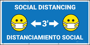 Social Distancing 3ft Bilingual Spanish Blue with Facemask Emojis - Banner