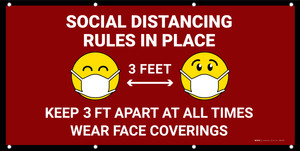 Social Distancing Rules 3 Feet with Facemask Emojis Red - Banner