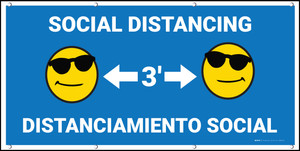 Social Distancing Sunglasses 3ft Bilingual Spanish Blue with Emojis - Banner