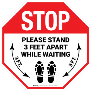 STOP: Please Stand 3 Feet Apart While Waiting Shoe Prints Stop