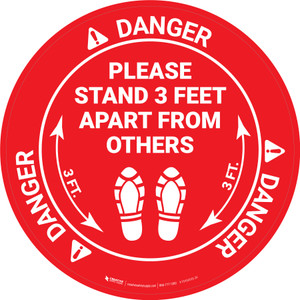 Danger: Please Stand 3 Feet Apart From Others Shoe Prints OSHA - Circular - Floor Sign